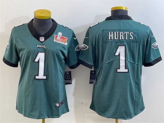 Womens Philadelphia Eagles #1 Jalen Hurts Green 2025 Super Bowl LIX Patch Vapor Untouchable Limited Stitched Jersey(Run Small)